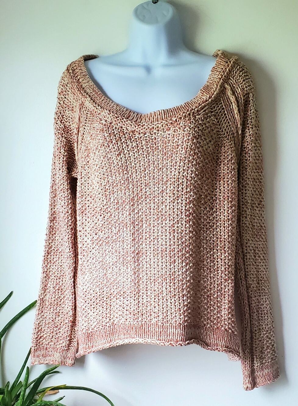 Free People Womens Peach Cream Open Knit Off Shoulder Sweater Size M Boho Beachy